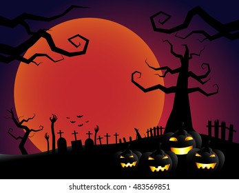 jack O Lantern and dead tree in cemetery with bloody sky Halloween night background