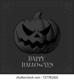 Jack o lantern engraving drawing with scary expression on gray background for halloween greeting