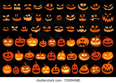 Jack o Lantern and evil faces vector set isolated on a black background. Cartoon characters pumpkin Lanterns for Halloween.