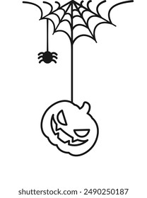 Jack O Lantern Evil Pumpkin Hanging on a Spider Web Line Art Doodle, Happy Halloween Spooky Ornaments Decoration Vector illustration