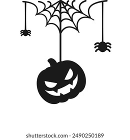 Jack O Lantern Evil Pumpkin Hanging on a Spider Web Silhouette, Happy Halloween Spooky Ornaments Decoration Vector illustration