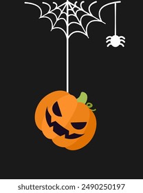 Jack O Lantern Evil Pumpkin Hanging on a Spider Web, Happy Halloween Spooky Ornaments Decoration Vector illustration