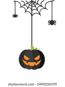 Jack O Lantern Evil Pumpkin Hanging on a Spider Web, Happy Halloween Spooky Ornaments Decoration Vector illustration