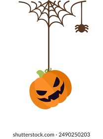 Jack O Lantern Evil Pumpkin Hanging on a Spider Web, Happy Halloween Spooky Ornaments Decoration Vector illustration