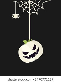 Jack O Lantern Evil Pumpkin Hanging on a Spider Web, Happy Halloween Spooky Ornaments Decoration Vector illustration