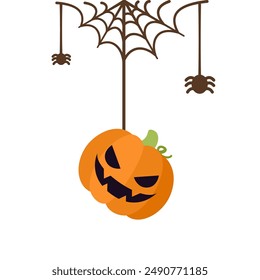 Jack O Lantern Evil Pumpkin Hanging on a Spider Web, Happy Halloween Spooky Ornaments Decoration Vector illustration