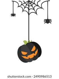 Jack O Lantern Evil Pumpkin Hanging on a Spider Web, Happy Halloween Spooky Ornaments Decoration Vector illustration