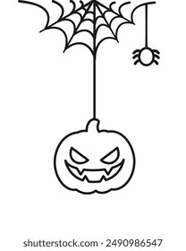 Jack O Lantern Evil Pumpkin Hanging on a Spider Web Line Art Doodle, Happy Halloween Spooky Ornaments Decoration Vector illustration