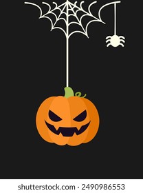 Jack O Lantern Evil Pumpkin Hanging on a Spider Web, Happy Halloween Spooky Ornaments Decoration Vector illustration