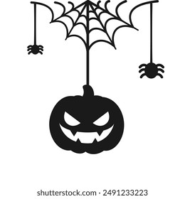 Jack O Lantern Evil Pumpkin Hanging on a Spider Web Silhouette, Happy Halloween Spooky Ornaments Decoration Vector illustration