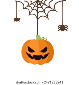 Jack O Lantern Evil Pumpkin Hanging on a Spider Web, Happy Halloween Spooky Ornaments Decoration Vector illustration