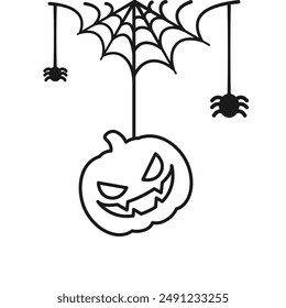 Jack O Lantern Evil Pumpkin Hanging on a Spider Web Line Art Doodle, Happy Halloween Spooky Ornaments Decoration Vector illustration