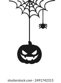 Jack O Lantern Evil Pumpkin Hanging on a Spider Web Silhouette, Happy Halloween Spooky Ornaments Decoration Vector illustration