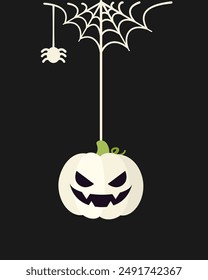 Jack O Lantern Evil Pumpkin Hanging on a Spider Web, Happy Halloween Spooky Ornaments Decoration Vector illustration