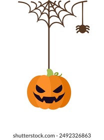 Jack O Lantern Evil Pumpkin Hanging on a Spider Web, Happy Halloween Spooky Ornaments Decoration Vector illustration