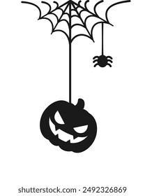 Jack O Lantern Evil Pumpkin Hanging on a Spider Web Silhouette, Happy Halloween Spooky Ornaments Decoration Vector illustration