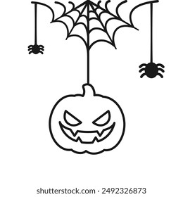 Jack O Lantern Evil Pumpkin Hanging on a Spider Web Line Art Doodle, Happy Halloween Spooky Ornaments Decoration Vector illustration