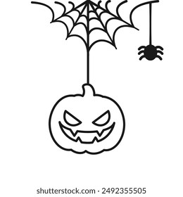 Jack O Lantern Evil Pumpkin Hanging on a Spider Web Line Art Doodle, Happy Halloween Spooky Ornaments Decoration Vector illustration