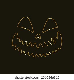 Jack O Lantern Face. Gold line. Halloween Pumpkin. Scary funny Monster Faces. Ghost. Spooky glowing face. Halloween day. Gold eyes and mouth. Isolated on a black background.  carved pumpkin heads.
