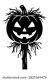 Jack o lantern face, straw hair detail, spooky garden guardian, festive horror ornament.