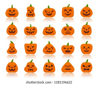 Jack O Lantern flat icons set Web sign kit pumpkin face Halloween pictogram collection angry eyes, creepy party decoration Simple jack o lantern cartoon icon symbol isolated white. Vector Illustration