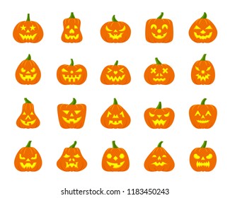 Jack O Lantern flat icons set Web sign kit pumpkin face Halloween pictogram collection angry eyes, creepy party decoration Simple jack o lantern cartoon icon symbol isolated white. Vector Illustration