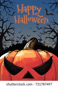 Jack o lantern at foreground with cartoony style in the darkness grave background for halloween greeting in colorful artwork
