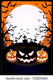 Jack o lantern at foreground in the darkness graveyard background for halloween greeting with silhouette and space for your text