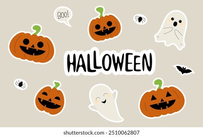 Jack o lantern and ghosts. Halloween lettering. Set of halloween stickers. Elements for design, scrapbooking, sticker, card, poster.