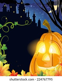 Jack O Lantern with glowing eyes near the old haunted castle. Halloween night scene 
