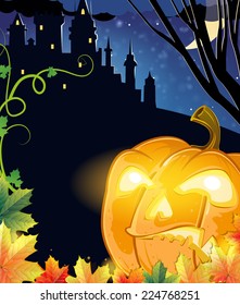 Jack O Lantern with glowing eyes near the old haunted castle. Halloween night scene 