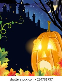 Jack O Lantern with glowing eyes near the old haunted castle. Halloween night scene 
