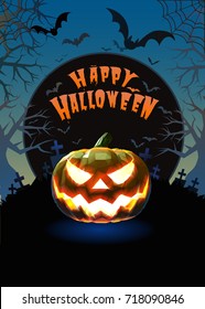 Jack o lantern glowing at foreground with cartoony style in the darkness graveyard background for halloween greeting on colorful artwork