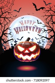 Jack o lantern glowing at foreground with cartoony style in the darkness graveyard background for halloween greeting on colorful artwork