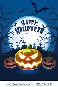 Jack o lantern glowing at foreground with cartoony style in the darkness graveyard background for halloween greeting on colorful artwork