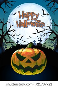 Jack o lantern glowing at foreground with cartoony style in the darkness graveyard background for halloween greeting on colorful artwork