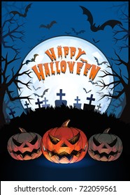 Jack o lantern glowing at foreground with cartoony style in the darkness graveyard background for halloween greeting on colorful artwork