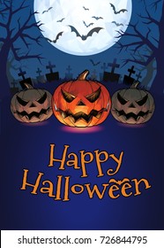 Jack o lantern glowing at foreground with cartoony style in the darkness graveyard background for halloween greeting on colorful artwork