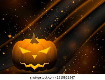 Jack o lantern glowing pumpkin and sparkling particles. Halloween abstract background. Vector design