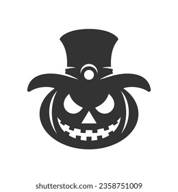 Jack o lantern Halloween angry pumpkin with sorcerer hat black silhouette icon vector flat illustration. Creepy monster horror smile face expression carved autumn vegetable October holiday celebrate