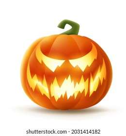 Jack O Lantern. Halloween pumpkin with glowing funny face expression. Isolated.