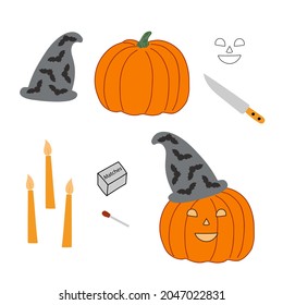 Jack o Lantern Halloween pumpkin with funny face and hat step by step instruction, elements for curving scary face with knife and candles, traditional autumn holiday concept, activity for kids