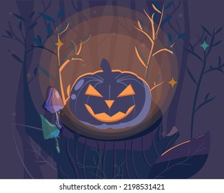 Jack o lantern Halloween pumpkin in the night wood. Horror vector illustration