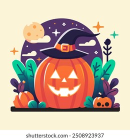 Jack o lantern. Halloween pumpkin cartoon wearing witch hat with spooky colored environment.