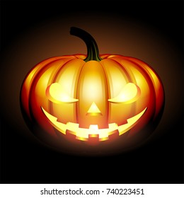 Jack O Lantern halloween pumpkin on black background. Front view. Vector illustration