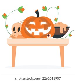 Jack O Lantern. Halloween Pumpkins And Candles On Wooden table. Halloween pumpkin head jack lantern with burning candles