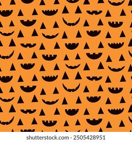 Jack o Lantern Halloween Scary Faces seamless pattern on orange background. For Halloween background, fabric and textile 