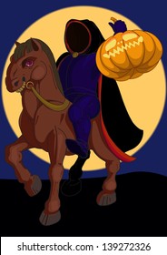 Jack o lantern Halloween symbol on the horse on the background of the moon