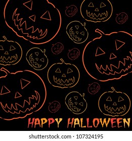 Jack O' Lantern hand drawn 'Happy Halloween' card in vector format.