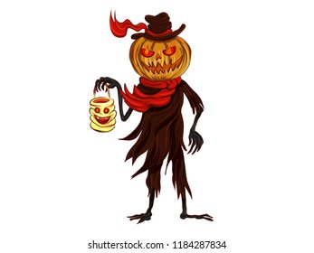 Jack o lantern holding a smiling mummy monster head lantern isolated on white background.